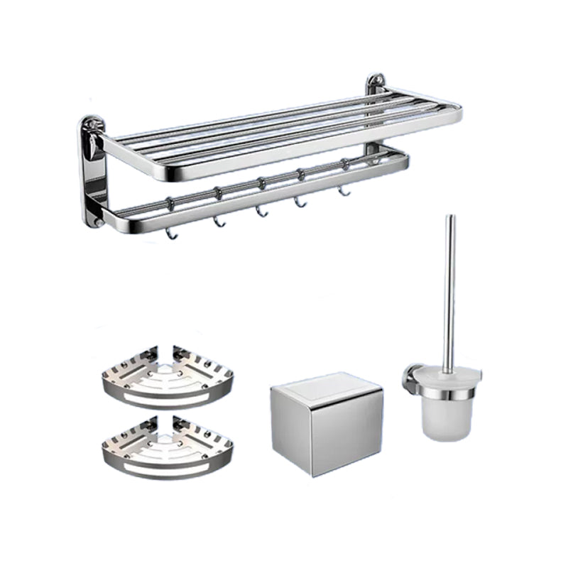 Contemporary Bathroom Accessory Set in Aluminum with Towel Bar/Bath Shelf Light Silver Double Layer 5-Piece Set Clearhalo 'Bathroom Hardware Sets' 'Bathroom Hardware' 'Bathroom Remodel & Bathroom Fixtures' 'bathroom_hardware_sets' 'Home Improvement' 'home_improvement' 'home_improvement_bathroom_hardware_sets' 6649119
