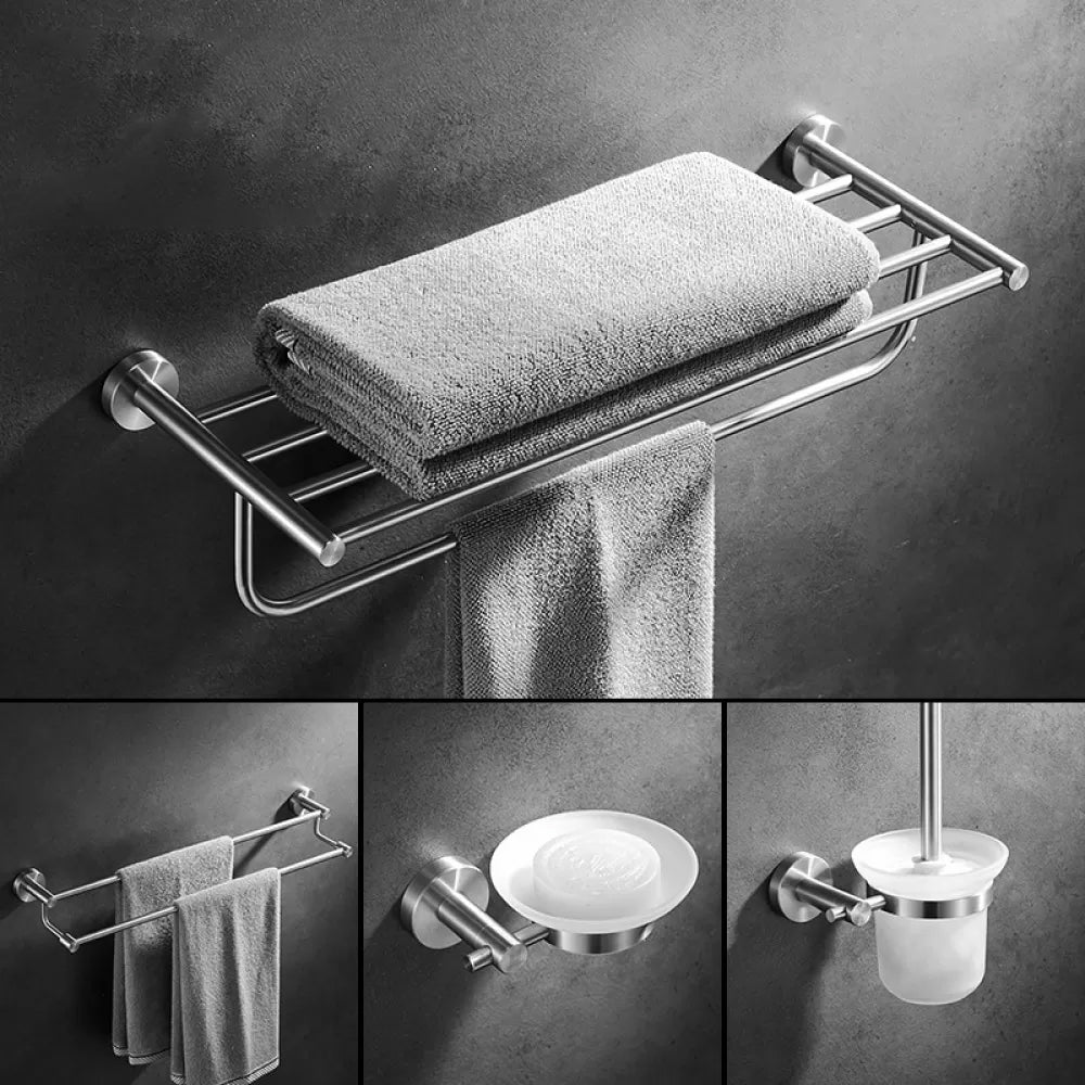 Traditional Stainless Steel Bath Hardware Set Bathroom Accessory Kit Silver 4-Piece Set (Towel Bar) Clearhalo 'Bathroom Hardware Sets' 'Bathroom Hardware' 'Bathroom Remodel & Bathroom Fixtures' 'bathroom_hardware_sets' 'Home Improvement' 'home_improvement' 'home_improvement_bathroom_hardware_sets' 6649172