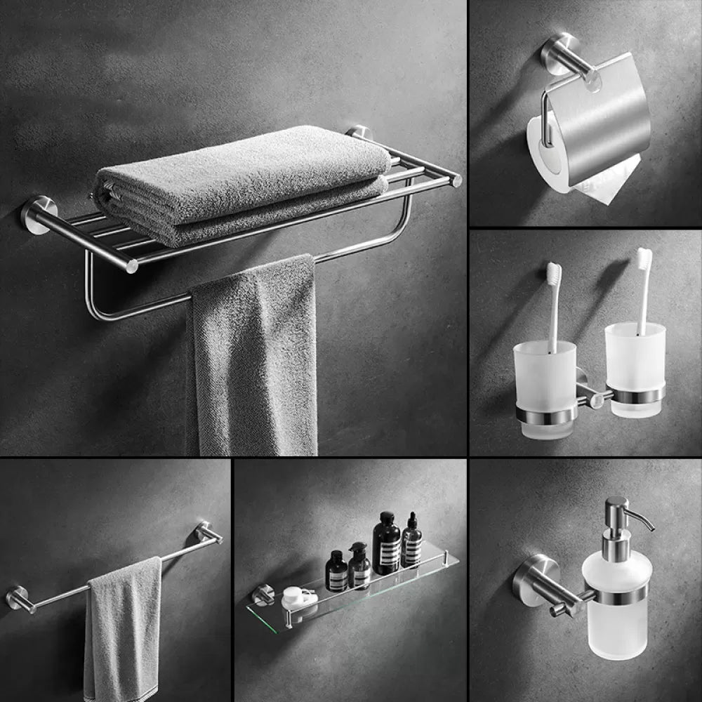 Traditional Stainless Steel Bath Hardware Set Bathroom Accessory Kit Silver 6-Piece Set (Towel Bar) Clearhalo 'Bathroom Hardware Sets' 'Bathroom Hardware' 'Bathroom Remodel & Bathroom Fixtures' 'bathroom_hardware_sets' 'Home Improvement' 'home_improvement' 'home_improvement_bathroom_hardware_sets' 6649178