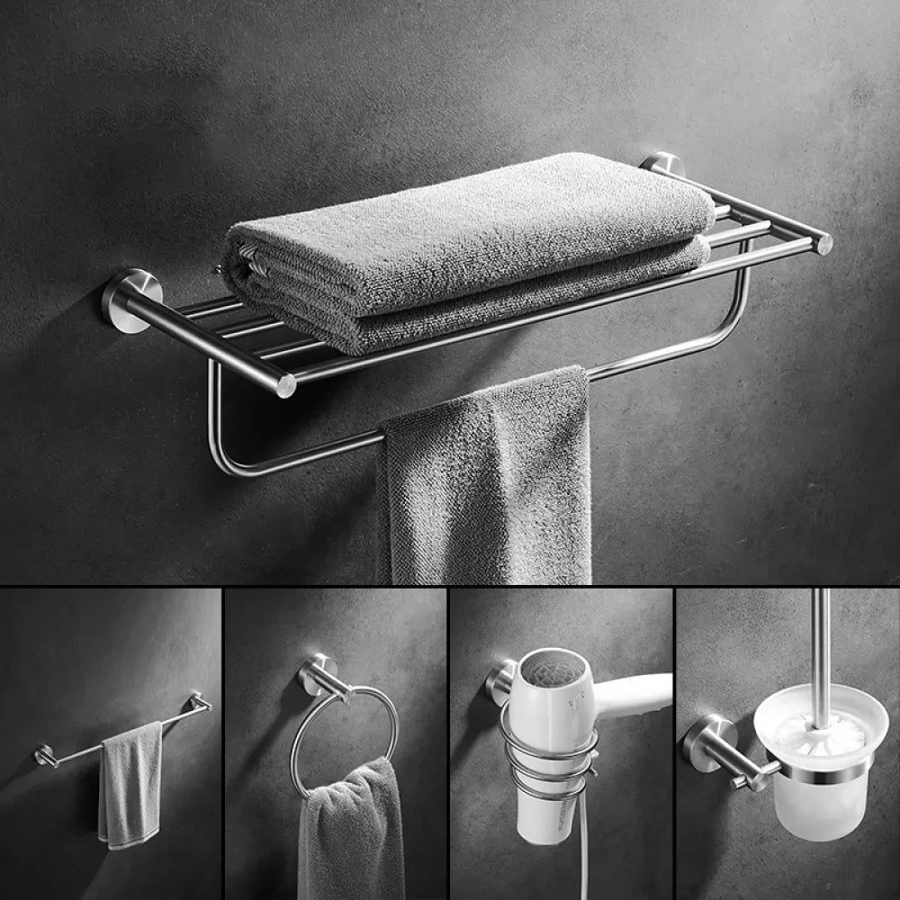 Traditional Stainless Steel Bath Hardware Set Bathroom Accessory Kit Silver 5-Piece Set (Towel Ring) Clearhalo 'Bathroom Hardware Sets' 'Bathroom Hardware' 'Bathroom Remodel & Bathroom Fixtures' 'bathroom_hardware_sets' 'Home Improvement' 'home_improvement' 'home_improvement_bathroom_hardware_sets' 6649180