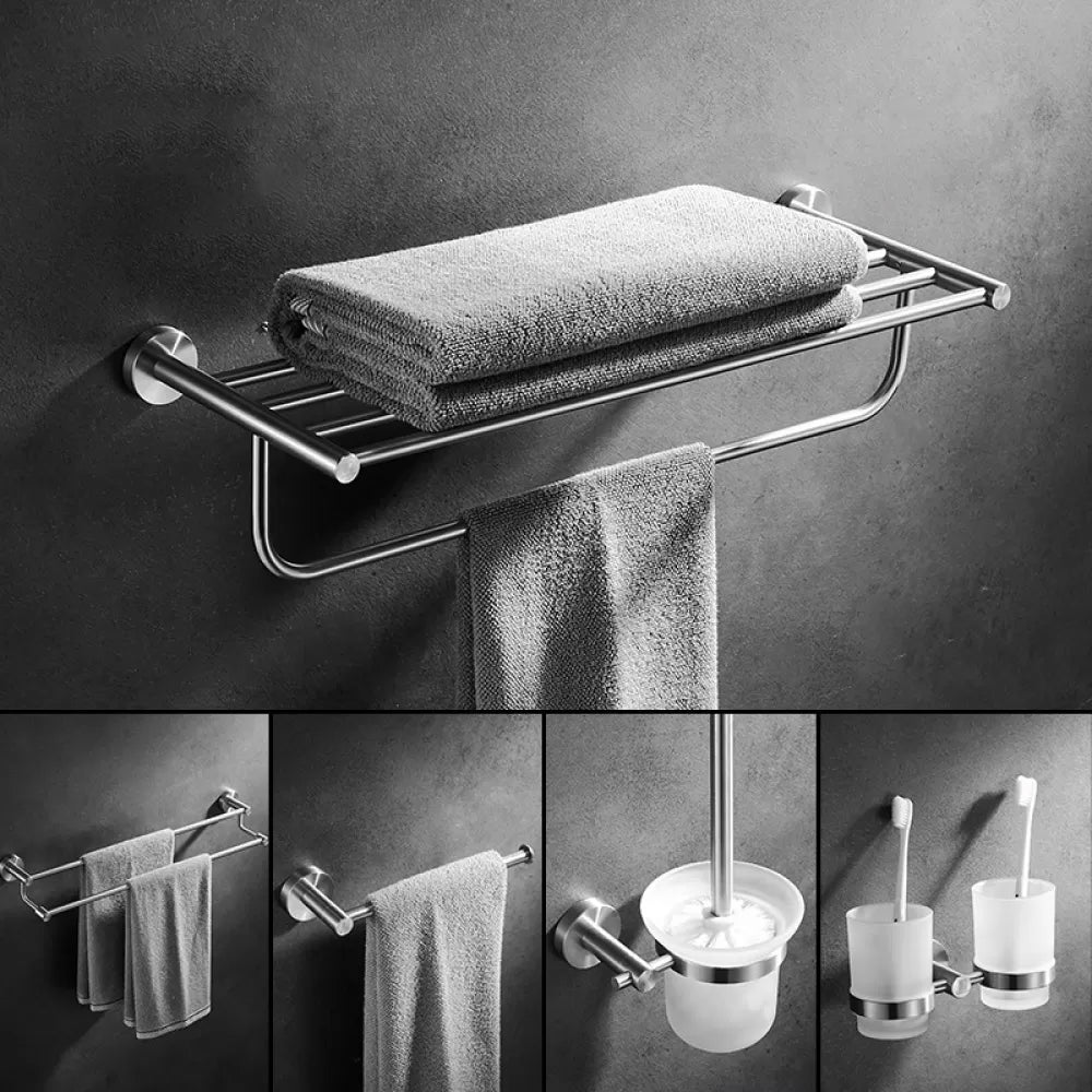 Traditional Stainless Steel Bath Hardware Set Bathroom Accessory Kit Silver 5-Piece Set (Towel Bar) Clearhalo 'Bathroom Hardware Sets' 'Bathroom Hardware' 'Bathroom Remodel & Bathroom Fixtures' 'bathroom_hardware_sets' 'Home Improvement' 'home_improvement' 'home_improvement_bathroom_hardware_sets' 6649182
