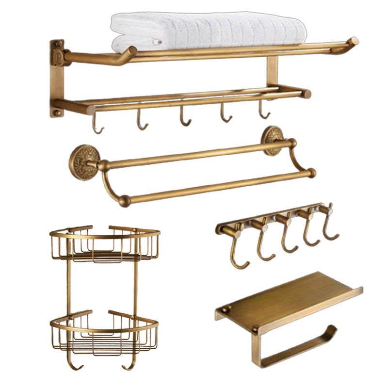 Traditional Bathroom Accessory Kit Gold Paper Holder Bathroom Set 5-Piece Set (Row Hook) Clearhalo 'Bathroom Hardware Sets' 'Bathroom Hardware' 'Bathroom Remodel & Bathroom Fixtures' 'bathroom_hardware_sets' 'Home Improvement' 'home_improvement' 'home_improvement_bathroom_hardware_sets' 6649231