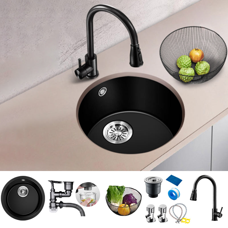 Black Quartz Kitchen Sink Round Single Bowl Sink with Basket Strainer Sink with Faucet Pull Out Faucet Clearhalo 'Home Improvement' 'home_improvement' 'home_improvement_kitchen_sinks' 'Kitchen Remodel & Kitchen Fixtures' 'Kitchen Sinks & Faucet Components' 'Kitchen Sinks' 'kitchen_sinks' 6649403