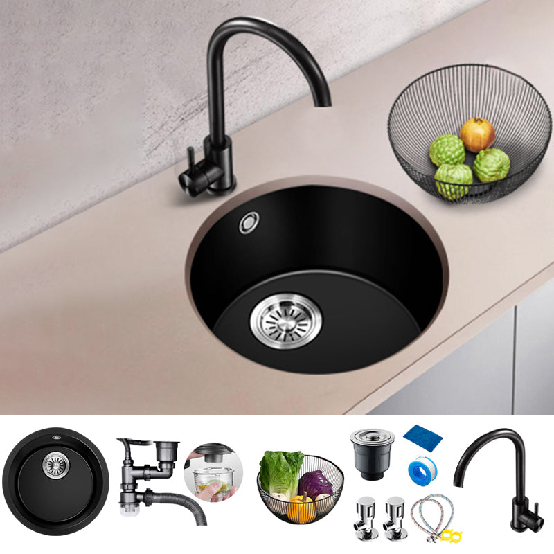 Black Quartz Kitchen Sink Round Single Bowl Sink with Basket Strainer Sink with Faucet Cold and Hot Dual Control Faucet Clearhalo 'Home Improvement' 'home_improvement' 'home_improvement_kitchen_sinks' 'Kitchen Remodel & Kitchen Fixtures' 'Kitchen Sinks & Faucet Components' 'Kitchen Sinks' 'kitchen_sinks' 6649405