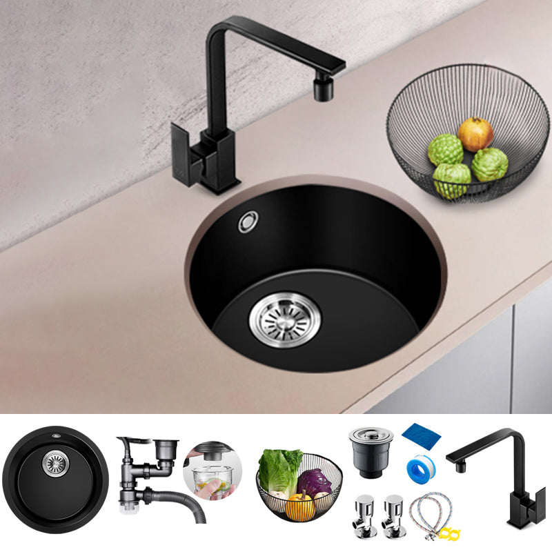 Black Quartz Kitchen Sink Round Single Bowl Sink with Basket Strainer Sink with Faucet Seven Character Faucet Clearhalo 'Home Improvement' 'home_improvement' 'home_improvement_kitchen_sinks' 'Kitchen Remodel & Kitchen Fixtures' 'Kitchen Sinks & Faucet Components' 'Kitchen Sinks' 'kitchen_sinks' 6649406