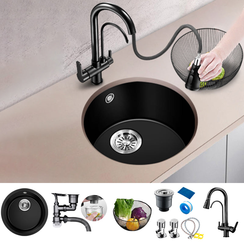 Black Quartz Kitchen Sink Round Single Bowl Sink with Basket Strainer Sink with Faucet 3-in-1 Purifying Faucet Clearhalo 'Home Improvement' 'home_improvement' 'home_improvement_kitchen_sinks' 'Kitchen Remodel & Kitchen Fixtures' 'Kitchen Sinks & Faucet Components' 'Kitchen Sinks' 'kitchen_sinks' 6649407