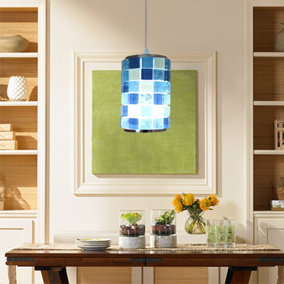 Mosaic Design Pendant Lighting 1 Light Blue Crystal Tiffany Ceiling Suspension Lamp with Cylinder/Drum Shade, 4"/5" W Clearhalo 'Ceiling Lights' 'Industrial' 'Middle Century Pendants' 'Pendant Lights' 'Pendants' 'Tiffany close to ceiling' 'Tiffany Pendants' 'Tiffany' Lighting' 66521