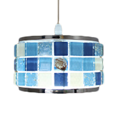 Mosaic Design Pendant Lighting 1 Light Blue Crystal Tiffany Ceiling Suspension Lamp with Cylinder/Drum Shade, 4"/5" W Clearhalo 'Ceiling Lights' 'Industrial' 'Middle Century Pendants' 'Pendant Lights' 'Pendants' 'Tiffany close to ceiling' 'Tiffany Pendants' 'Tiffany' Lighting' 66522