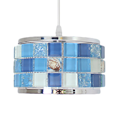 Mosaic Design Pendant Lighting 1 Light Blue Crystal Tiffany Ceiling Suspension Lamp with Cylinder/Drum Shade, 4"/5" W Clearhalo 'Ceiling Lights' 'Industrial' 'Middle Century Pendants' 'Pendant Lights' 'Pendants' 'Tiffany close to ceiling' 'Tiffany Pendants' 'Tiffany' Lighting' 66523