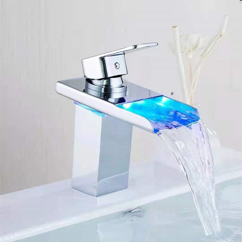 1-Handle Basin Lavatory Faucet 1-Hole Widespread Bathroom Vessel Faucet with LED Lighting Clearhalo 'Bathroom Remodel & Bathroom Fixtures' 'Bathroom Sink Faucets' 'Bathroom Sinks & Faucet Components' 'bathroom_sink_faucets' 'Home Improvement' 'home_improvement' 'home_improvement_bathroom_sink_faucets' 6658529