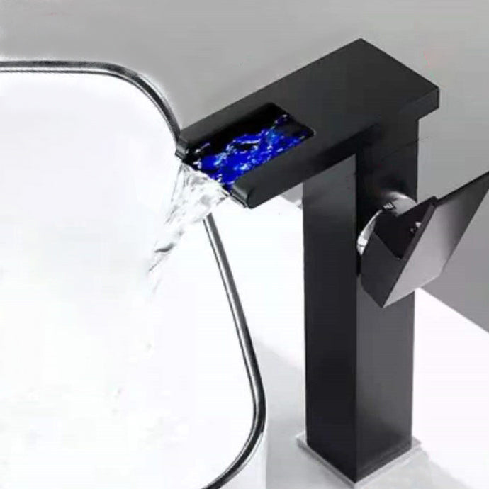 1-Handle Basin Lavatory Faucet 1-Hole Widespread Bathroom Vessel Faucet with LED Lighting Black 9.5" Clearhalo 'Bathroom Remodel & Bathroom Fixtures' 'Bathroom Sink Faucets' 'Bathroom Sinks & Faucet Components' 'bathroom_sink_faucets' 'Home Improvement' 'home_improvement' 'home_improvement_bathroom_sink_faucets' 6658532