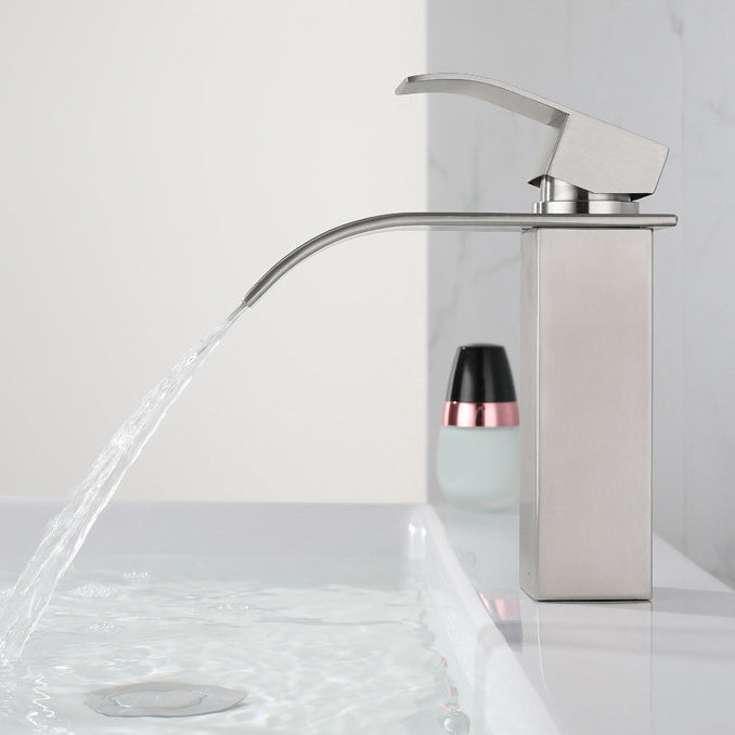 Industrial Vessel Faucet Stainless Steel Lever Handles Waterfall Spout Bathroom Faucet Clearhalo 'Bathroom Remodel & Bathroom Fixtures' 'Bathroom Sink Faucets' 'Bathroom Sinks & Faucet Components' 'bathroom_sink_faucets' 'Home Improvement' 'home_improvement' 'home_improvement_bathroom_sink_faucets' 6658594