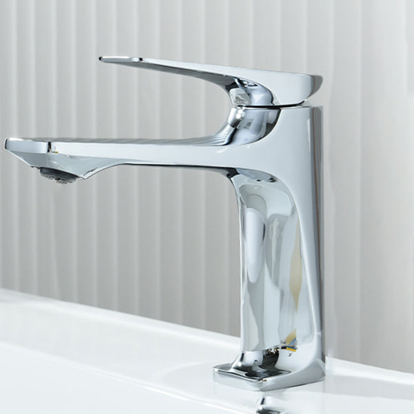 Contemporary Centerset Faucet Lever Handles Single Hole Low Arc Solid Brass Square Faucet Silver 6.3" Clearhalo 'Bathroom Remodel & Bathroom Fixtures' 'Bathroom Sink Faucets' 'Bathroom Sinks & Faucet Components' 'bathroom_sink_faucets' 'Home Improvement' 'home_improvement' 'home_improvement_bathroom_sink_faucets' 6658608