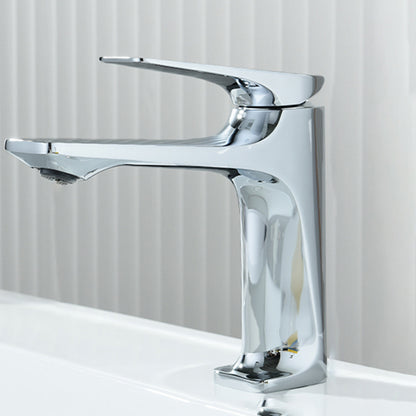 Contemporary Centerset Faucet Lever Handles Single Hole Low Arc Solid Brass Square Faucet Silver 6.3" Clearhalo 'Bathroom Remodel & Bathroom Fixtures' 'Bathroom Sink Faucets' 'Bathroom Sinks & Faucet Components' 'bathroom_sink_faucets' 'Home Improvement' 'home_improvement' 'home_improvement_bathroom_sink_faucets' 6658608
