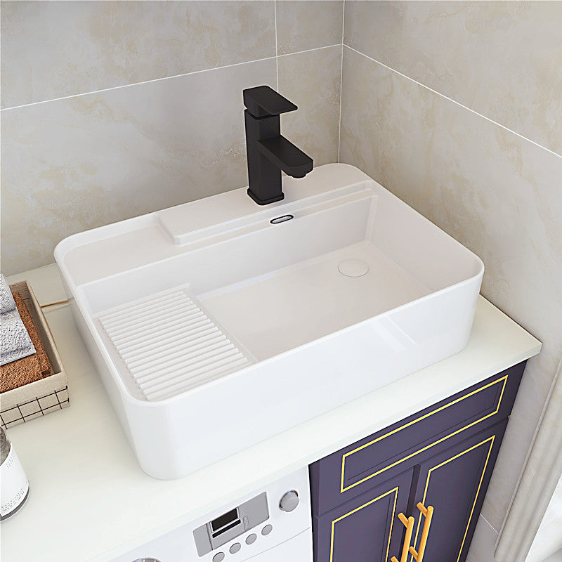 Modern Bathroom Sink Porcelain Solid Color Rectangular Vessel with Pop-Up Drain 20.3"L x 16.5"W x 6.1"H Left Washboard Sink with Faucet Clearhalo 'Bathroom Remodel & Bathroom Fixtures' 'Bathroom Sinks & Faucet Components' 'Bathroom Sinks' 'bathroom_sink' 'Home Improvement' 'home_improvement' 'home_improvement_bathroom_sink' 6658942