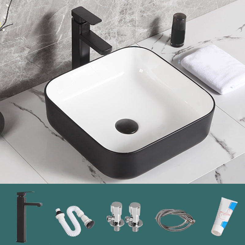 Contemporary Bathroom Sink Porcelain Pop-Up Drain Rectangular Vessel Bathroom Sink 15.6"L x 15.6"W x 5.5"H Sink with Faucet Clearhalo 'Bathroom Remodel & Bathroom Fixtures' 'Bathroom Sinks & Faucet Components' 'Bathroom Sinks' 'bathroom_sink' 'Home Improvement' 'home_improvement' 'home_improvement_bathroom_sink' 6658980