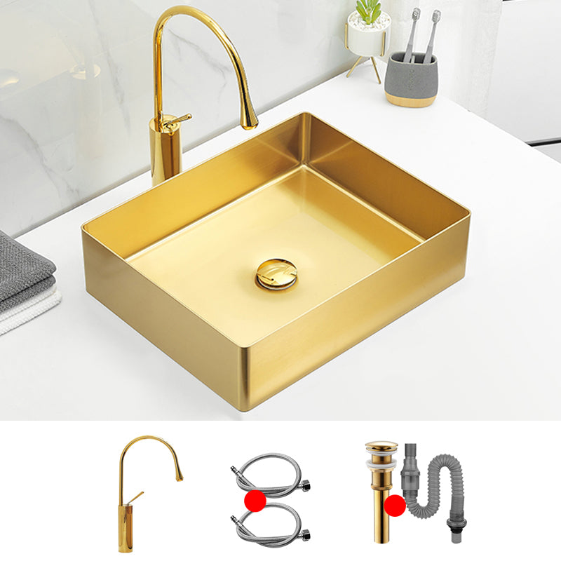 Modern Style Bathroom Sink Stainless Steel Noise-cancelling Design Bathroom Sink Gold Gooseneck Faucet Sink with Faucet Clearhalo 'Bathroom Remodel & Bathroom Fixtures' 'Bathroom Sinks & Faucet Components' 'Bathroom Sinks' 'bathroom_sink' 'Home Improvement' 'home_improvement' 'home_improvement_bathroom_sink' 6658998