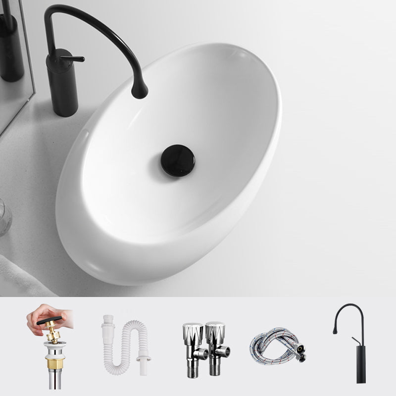 Modern Vessel Bathroom Sink Porcelain Oval Shut-Off Valve Included Vessel 22.8"L x 14.6"W x 5.1"H White Black Gooseneck Faucet Clearhalo 'Bathroom Remodel & Bathroom Fixtures' 'Bathroom Sinks & Faucet Components' 'Bathroom Sinks' 'bathroom_sink' 'Home Improvement' 'home_improvement' 'home_improvement_bathroom_sink' 6659054