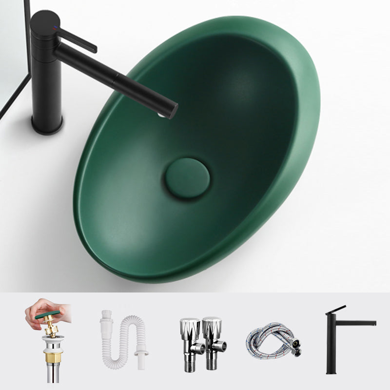 Modern Vessel Bathroom Sink Porcelain Oval Shut-Off Valve Included Vessel 18.5"L x 11.4"W x 5.1"H Green Round Faucet Clearhalo 'Bathroom Remodel & Bathroom Fixtures' 'Bathroom Sinks & Faucet Components' 'Bathroom Sinks' 'bathroom_sink' 'Home Improvement' 'home_improvement' 'home_improvement_bathroom_sink' 6659061