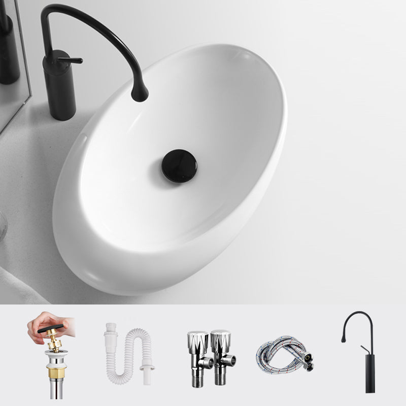 Modern Vessel Bathroom Sink Porcelain Oval Shut-Off Valve Included Vessel 18.5"L x 11.4"W x 5.1"H White Black Gooseneck Faucet Clearhalo 'Bathroom Remodel & Bathroom Fixtures' 'Bathroom Sinks & Faucet Components' 'Bathroom Sinks' 'bathroom_sink' 'Home Improvement' 'home_improvement' 'home_improvement_bathroom_sink' 6659063