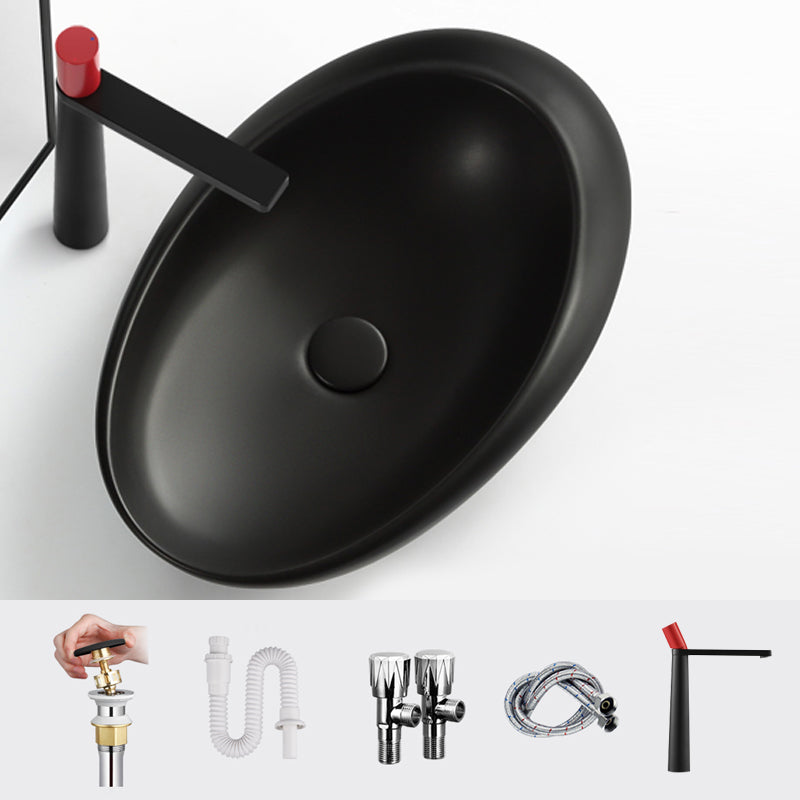 Modern Vessel Bathroom Sink Porcelain Oval Shut-Off Valve Included Vessel 22.8"L x 14.6"W x 5.1"H Black Straight Faucet Clearhalo 'Bathroom Remodel & Bathroom Fixtures' 'Bathroom Sinks & Faucet Components' 'Bathroom Sinks' 'bathroom_sink' 'Home Improvement' 'home_improvement' 'home_improvement_bathroom_sink' 6659070