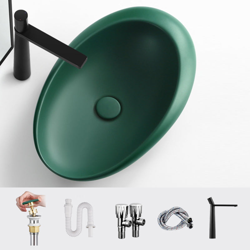Modern Vessel Bathroom Sink Porcelain Oval Shut-Off Valve Included Vessel 22.8"L x 14.6"W x 5.1"H Green Straight Faucet Clearhalo 'Bathroom Remodel & Bathroom Fixtures' 'Bathroom Sinks & Faucet Components' 'Bathroom Sinks' 'bathroom_sink' 'Home Improvement' 'home_improvement' 'home_improvement_bathroom_sink' 6659085
