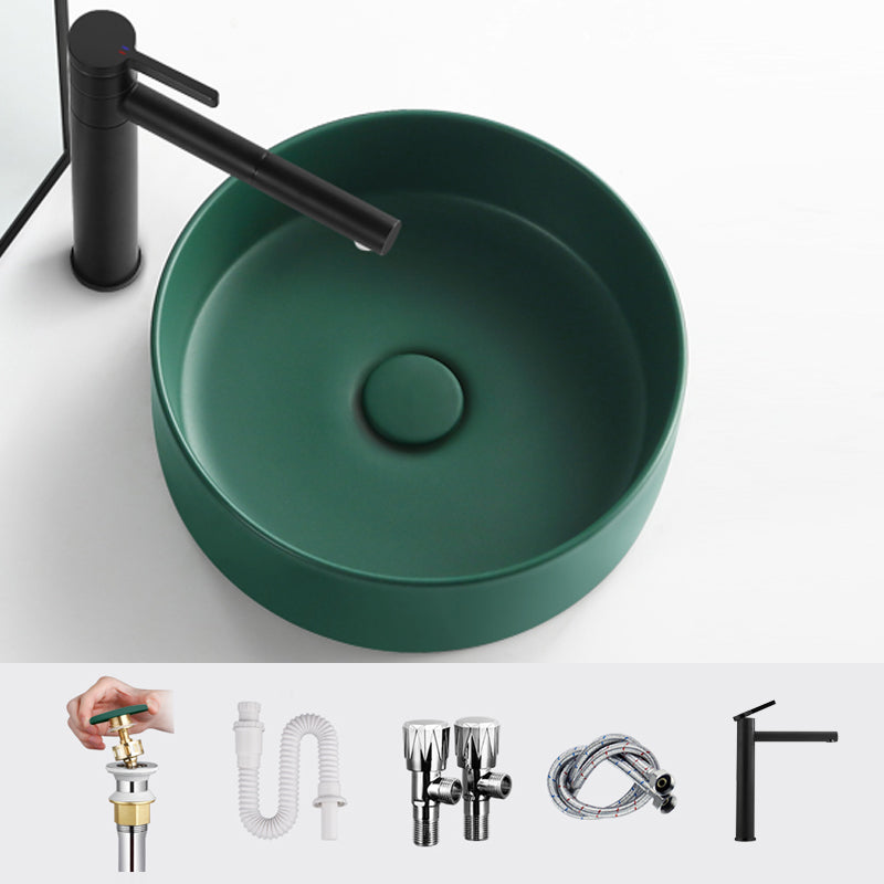 Porcelain Green and Grey Trough Bathroom Sink Modern Trough Bathroom Sink 14"L x 14"W x 5"H Green Round Faucet Clearhalo 'Bathroom Remodel & Bathroom Fixtures' 'Bathroom Sinks & Faucet Components' 'Bathroom Sinks' 'bathroom_sink' 'Home Improvement' 'home_improvement' 'home_improvement_bathroom_sink' 6659103