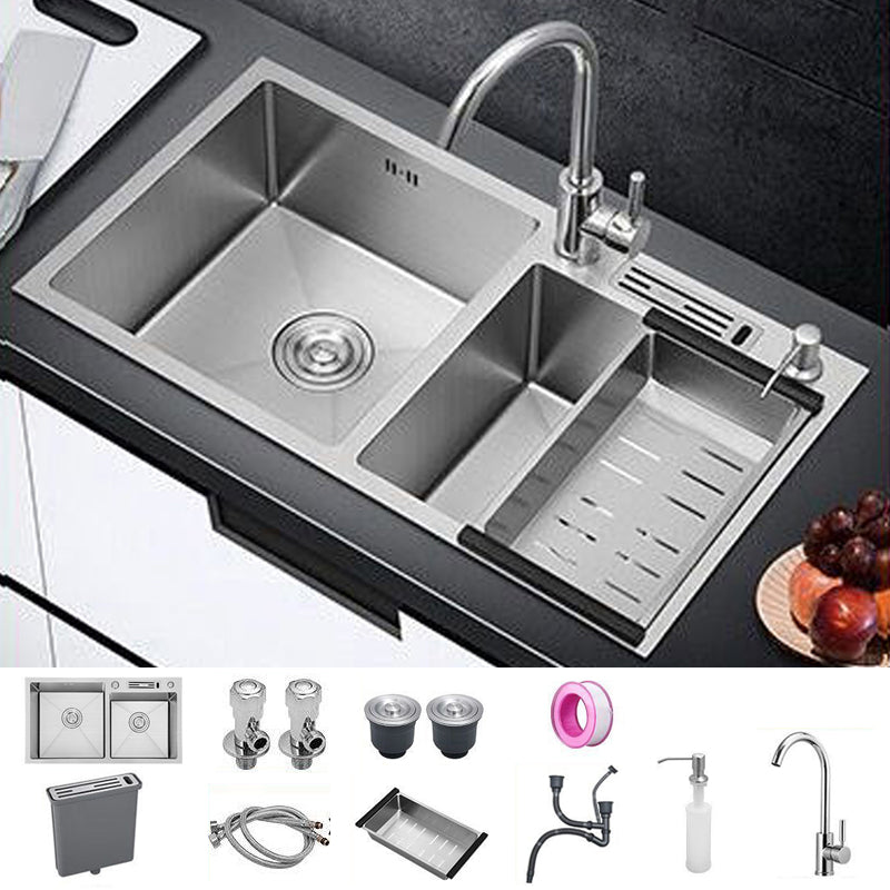 Contemporary Style Kitchen Sink Stainless Steel 2 Holes Kitchen Double Sink Sink with Faucet Round Faucet Clearhalo 'Home Improvement' 'home_improvement' 'home_improvement_kitchen_sinks' 'Kitchen Remodel & Kitchen Fixtures' 'Kitchen Sinks & Faucet Components' 'Kitchen Sinks' 'kitchen_sinks' 6659203