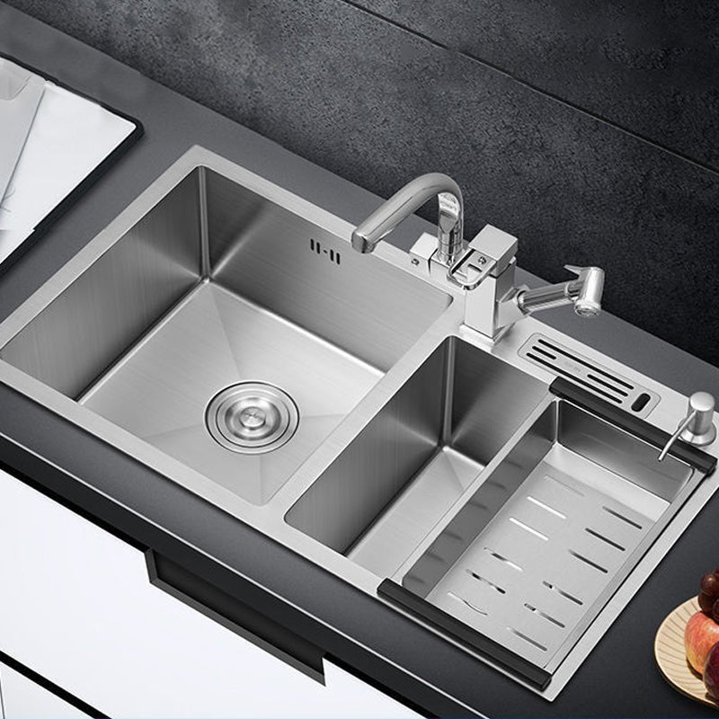Contemporary Style Kitchen Sink Stainless Steel 2 Holes Kitchen Double Sink 32"L x 18"W x 9"H Sink with Faucet Robot Faucet Clearhalo 'Home Improvement' 'home_improvement' 'home_improvement_kitchen_sinks' 'Kitchen Remodel & Kitchen Fixtures' 'Kitchen Sinks & Faucet Components' 'Kitchen Sinks' 'kitchen_sinks' 6659204
