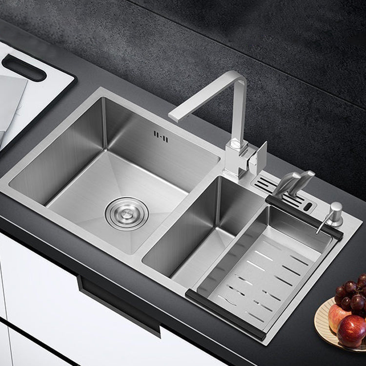 Contemporary Style Kitchen Sink Stainless Steel 2 Holes Kitchen Double Sink 32"L x 18"W x 9"H Sink with Faucet Square Faucet Clearhalo 'Home Improvement' 'home_improvement' 'home_improvement_kitchen_sinks' 'Kitchen Remodel & Kitchen Fixtures' 'Kitchen Sinks & Faucet Components' 'Kitchen Sinks' 'kitchen_sinks' 6659206