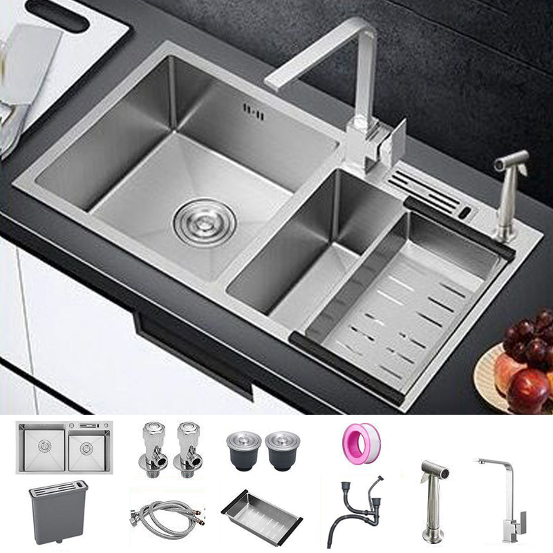 Contemporary Style Kitchen Sink Stainless Steel 2 Holes Kitchen Double Sink Sink with Faucet Square Faucet & Spray Gun Clearhalo 'Home Improvement' 'home_improvement' 'home_improvement_kitchen_sinks' 'Kitchen Remodel & Kitchen Fixtures' 'Kitchen Sinks & Faucet Components' 'Kitchen Sinks' 'kitchen_sinks' 6659208