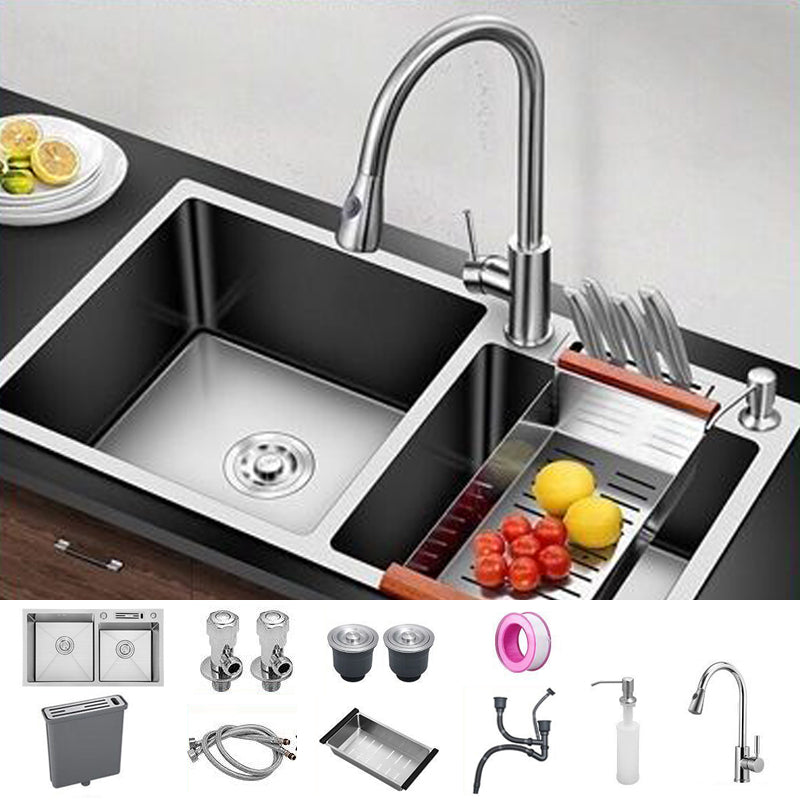 Contemporary Style Kitchen Sink Stainless Steel 2 Holes Kitchen Double Sink Sink with Faucet Pull Out Faucet Clearhalo 'Home Improvement' 'home_improvement' 'home_improvement_kitchen_sinks' 'Kitchen Remodel & Kitchen Fixtures' 'Kitchen Sinks & Faucet Components' 'Kitchen Sinks' 'kitchen_sinks' 6659209