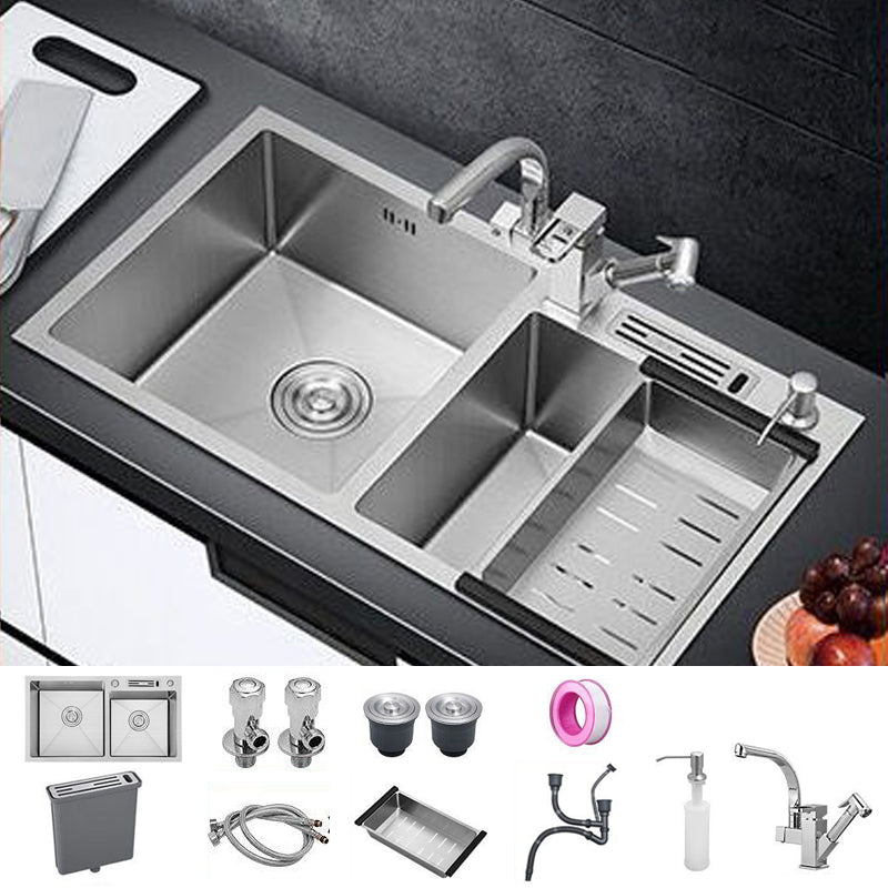 Contemporary Style Kitchen Sink Stainless Steel 2 Holes Kitchen Double Sink Sink with Faucet Robot Faucet Clearhalo 'Home Improvement' 'home_improvement' 'home_improvement_kitchen_sinks' 'Kitchen Remodel & Kitchen Fixtures' 'Kitchen Sinks & Faucet Components' 'Kitchen Sinks' 'kitchen_sinks' 6659211