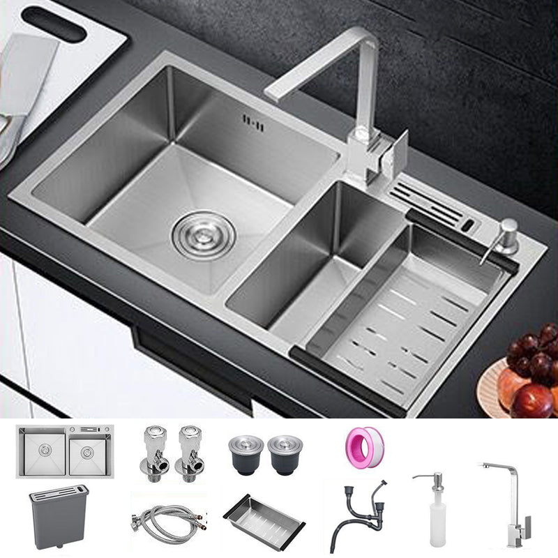 Contemporary Style Kitchen Sink Stainless Steel 2 Holes Kitchen Double Sink Sink with Faucet Square Faucet Clearhalo 'Home Improvement' 'home_improvement' 'home_improvement_kitchen_sinks' 'Kitchen Remodel & Kitchen Fixtures' 'Kitchen Sinks & Faucet Components' 'Kitchen Sinks' 'kitchen_sinks' 6659213