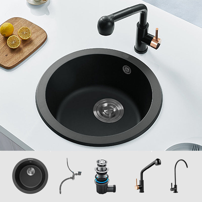 Single Bowl Kitchen Sink Modern Style Round Shape Kitchen Sink with Basket Strainer Black Sink with Faucet Double Tap for Water Purification Clearhalo 'Home Improvement' 'home_improvement' 'home_improvement_kitchen_sinks' 'Kitchen Remodel & Kitchen Fixtures' 'Kitchen Sinks & Faucet Components' 'Kitchen Sinks' 'kitchen_sinks' 6659227