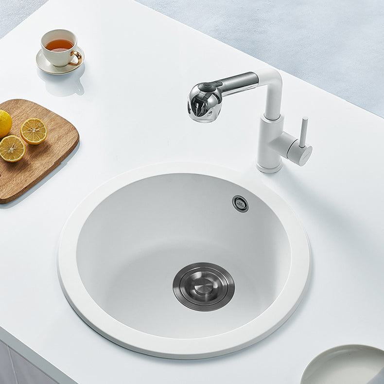 Single Bowl Kitchen Sink Modern Style Round Shape Kitchen Sink with Basket Strainer White Sink with Faucet Pull Out Faucet Clearhalo 'Home Improvement' 'home_improvement' 'home_improvement_kitchen_sinks' 'Kitchen Remodel & Kitchen Fixtures' 'Kitchen Sinks & Faucet Components' 'Kitchen Sinks' 'kitchen_sinks' 6659232