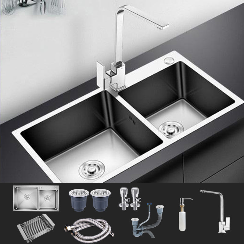 Modern Style Kitchen Sink Stainless Steel Drop-In Kitchen Double Sink Sink with Faucet Square Faucet Clearhalo 'Home Improvement' 'home_improvement' 'home_improvement_kitchen_sinks' 'Kitchen Remodel & Kitchen Fixtures' 'Kitchen Sinks & Faucet Components' 'Kitchen Sinks' 'kitchen_sinks' 6659268