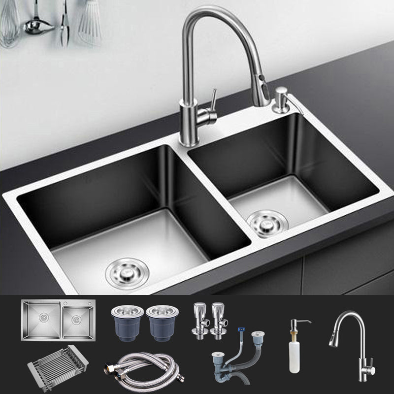 Modern Style Kitchen Sink Stainless Steel Drop-In Kitchen Double Sink 28"L x 16"W x 8"H Sink with Faucet Pull Out Faucet Clearhalo 'Home Improvement' 'home_improvement' 'home_improvement_kitchen_sinks' 'Kitchen Remodel & Kitchen Fixtures' 'Kitchen Sinks & Faucet Components' 'Kitchen Sinks' 'kitchen_sinks' 6659271