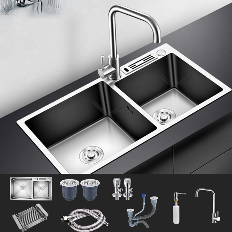Modern Style Kitchen Sink Stainless Steel Drop-In Kitchen Double Sink 32"L x 18"W x 8"H Sink with Faucet Seven Character Faucet Clearhalo 'Home Improvement' 'home_improvement' 'home_improvement_kitchen_sinks' 'Kitchen Remodel & Kitchen Fixtures' 'Kitchen Sinks & Faucet Components' 'Kitchen Sinks' 'kitchen_sinks' 6659278