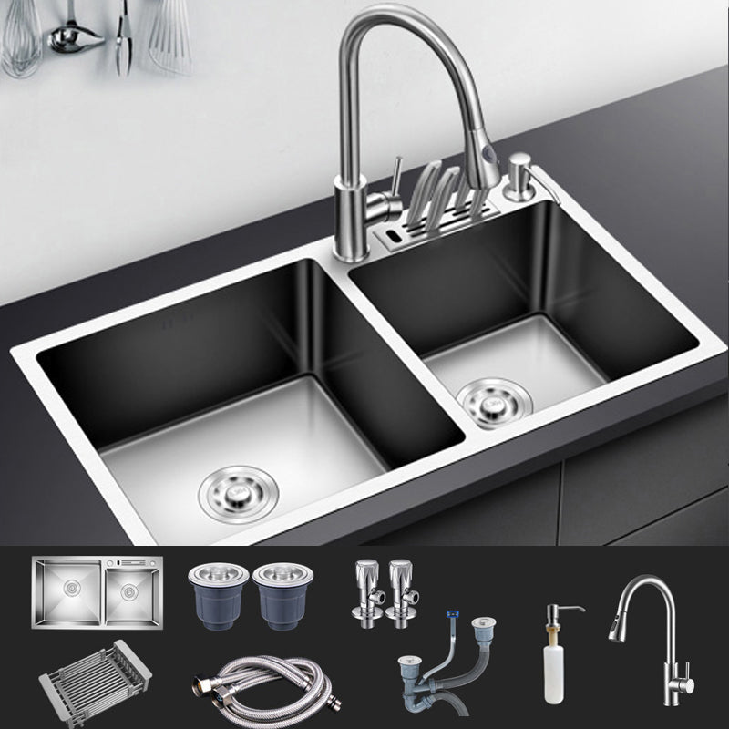Modern Style Kitchen Sink Stainless Steel Drop-In Kitchen Double Sink 32"L x 18"W x 8"H Sink with Faucet Pull Out Faucet Clearhalo 'Home Improvement' 'home_improvement' 'home_improvement_kitchen_sinks' 'Kitchen Remodel & Kitchen Fixtures' 'Kitchen Sinks & Faucet Components' 'Kitchen Sinks' 'kitchen_sinks' 6659280