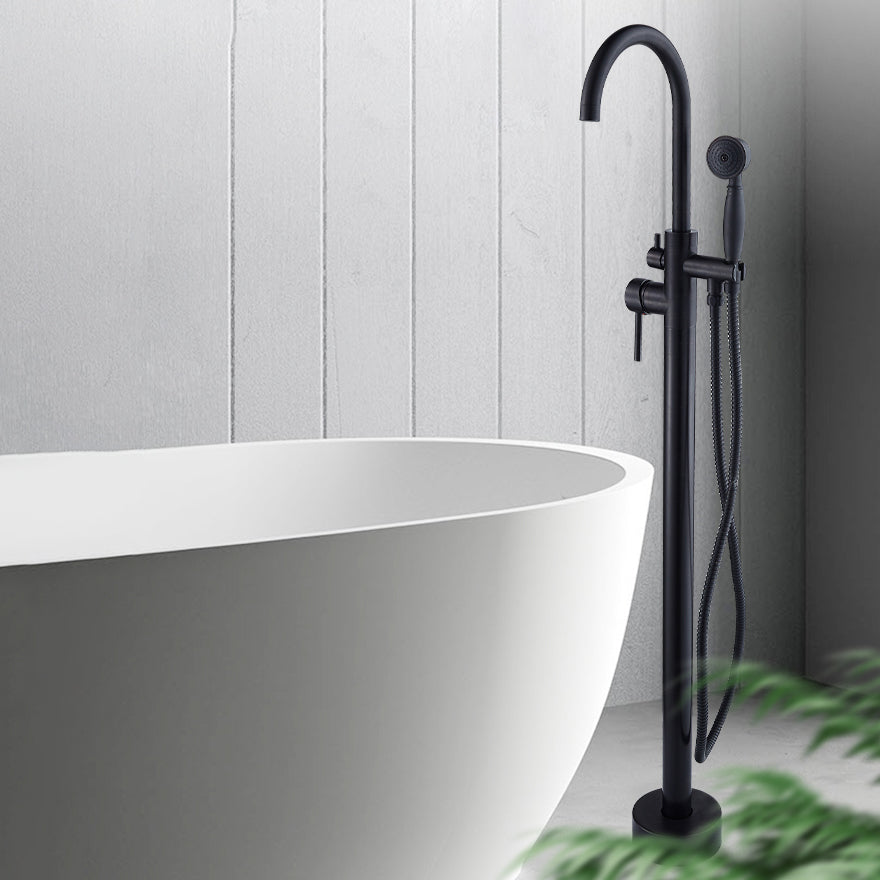 Floor Mounted Metal Freestanding Tub Filler High Arc Freestanding Tub Filler Trim Black Hand Shower Included Ground Clearhalo 'Bathroom Remodel & Bathroom Fixtures' 'Bathtub Faucets' 'bathtub_faucets' 'Home Improvement' 'home_improvement' 'home_improvement_bathtub_faucets' 6659324