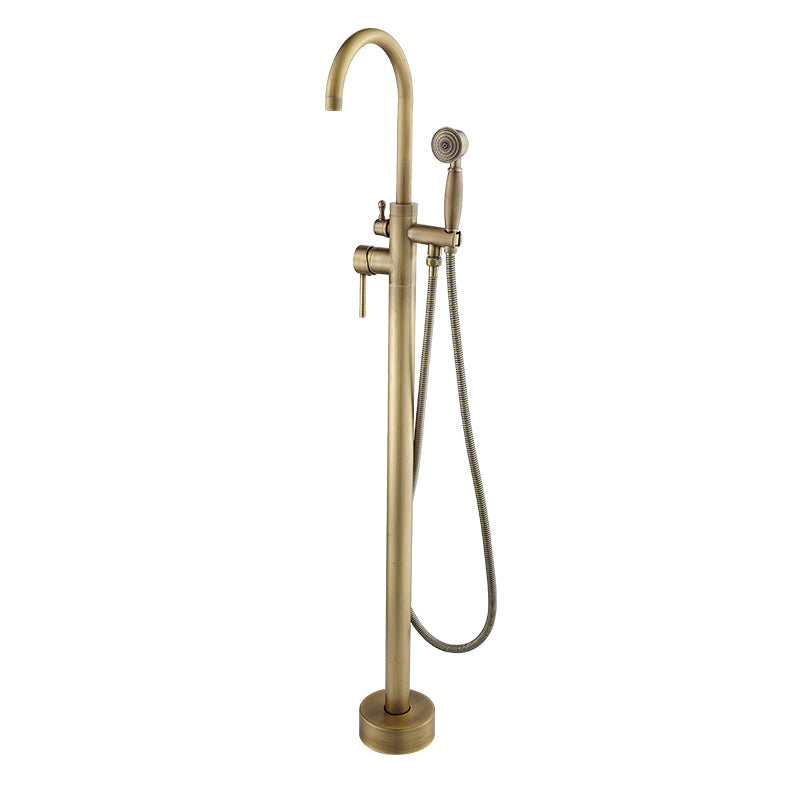 Floor Mounted Metal Freestanding Tub Filler High Arc Freestanding Tub Filler Trim Antique Brass Hand Shower Included Ground Clearhalo 'Bathroom Remodel & Bathroom Fixtures' 'Bathtub Faucets' 'bathtub_faucets' 'Home Improvement' 'home_improvement' 'home_improvement_bathtub_faucets' 6659336