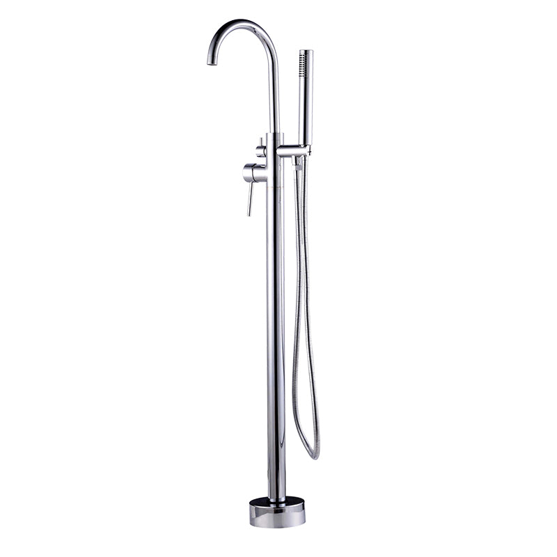 Floor Mounted Metal Freestanding Tub Filler High Arc Freestanding Tub Filler Trim Chrome Hand Shower Included Ground Clearhalo 'Bathroom Remodel & Bathroom Fixtures' 'Bathtub Faucets' 'bathtub_faucets' 'Home Improvement' 'home_improvement' 'home_improvement_bathtub_faucets' 6659343