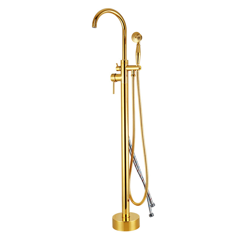 Floor Mounted Metal Freestanding Tub Filler High Arc Freestanding Tub Filler Trim Gold Hand Shower Included Wall Clearhalo 'Bathroom Remodel & Bathroom Fixtures' 'Bathtub Faucets' 'bathtub_faucets' 'Home Improvement' 'home_improvement' 'home_improvement_bathtub_faucets' 6659345