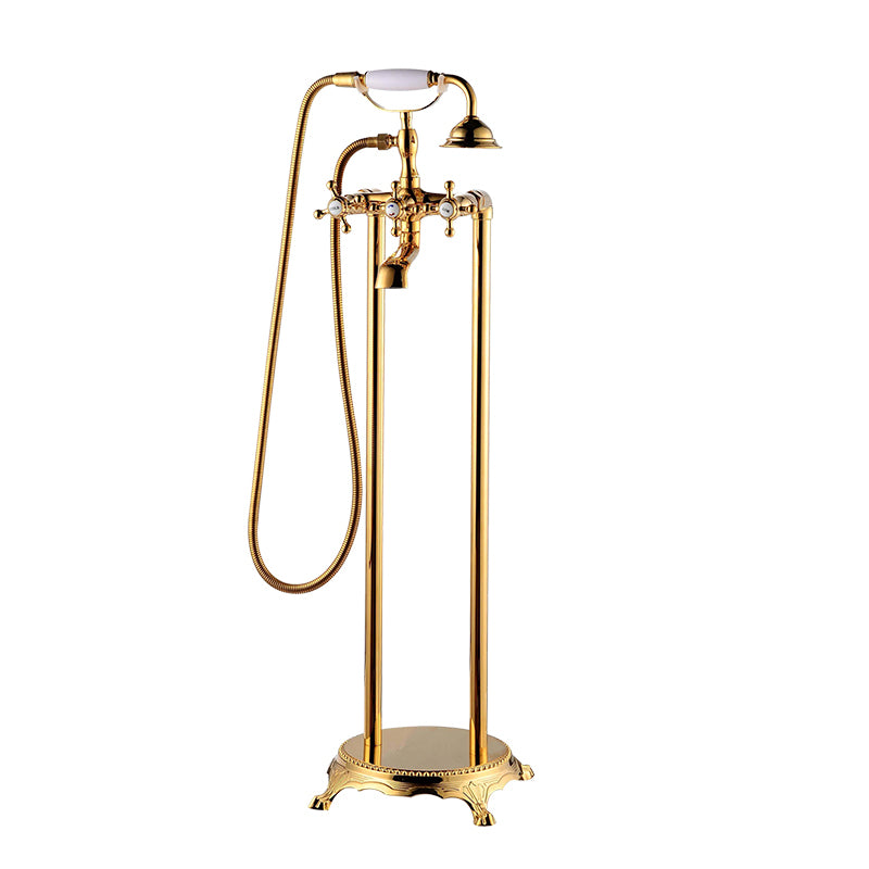 Floor Mounted Metal Freestanding Tub Filler High Arc Freestanding Tub Filler Trim Gold Hand Shower Included Ground Clearhalo 'Bathroom Remodel & Bathroom Fixtures' 'Bathtub Faucets' 'bathtub_faucets' 'Home Improvement' 'home_improvement' 'home_improvement_bathtub_faucets' 6659347