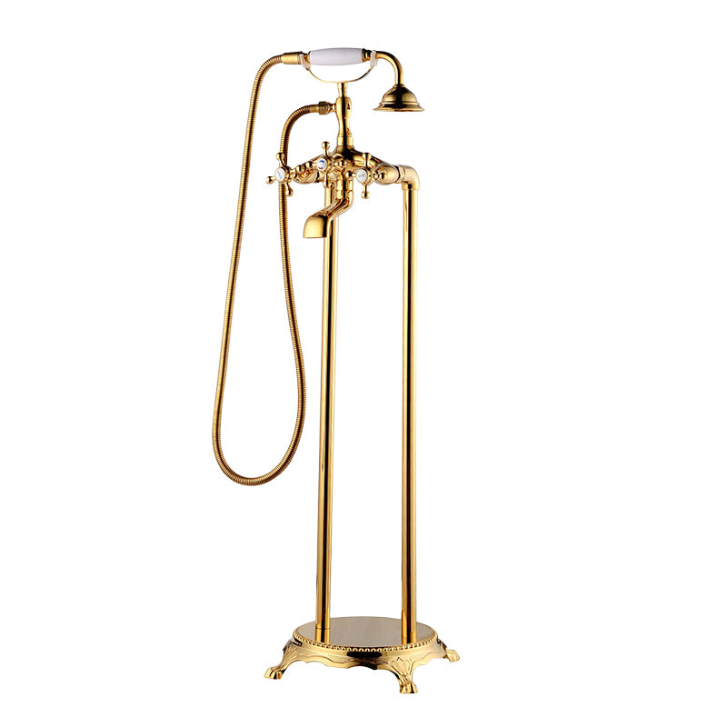 Floor Mounted Metal Freestanding Tub Filler High Arc Freestanding Tub Filler Trim White-Gold Hand Shower Included Ground Clearhalo 'Bathroom Remodel & Bathroom Fixtures' 'Bathtub Faucets' 'bathtub_faucets' 'Home Improvement' 'home_improvement' 'home_improvement_bathtub_faucets' 6659351