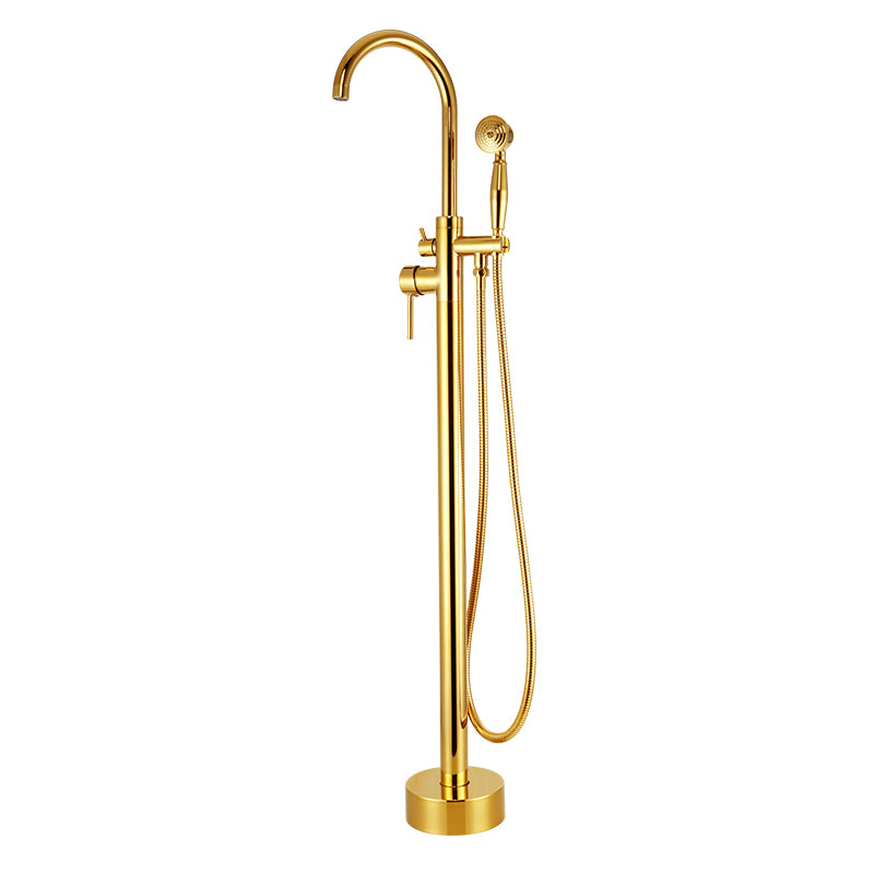 Floor Mounted Metal Freestanding Tub Filler High Arc Freestanding Tub Filler Trim White-Gold Hand Shower Not Included Ground Clearhalo 'Bathroom Remodel & Bathroom Fixtures' 'Bathtub Faucets' 'bathtub_faucets' 'Home Improvement' 'home_improvement' 'home_improvement_bathtub_faucets' 6659352