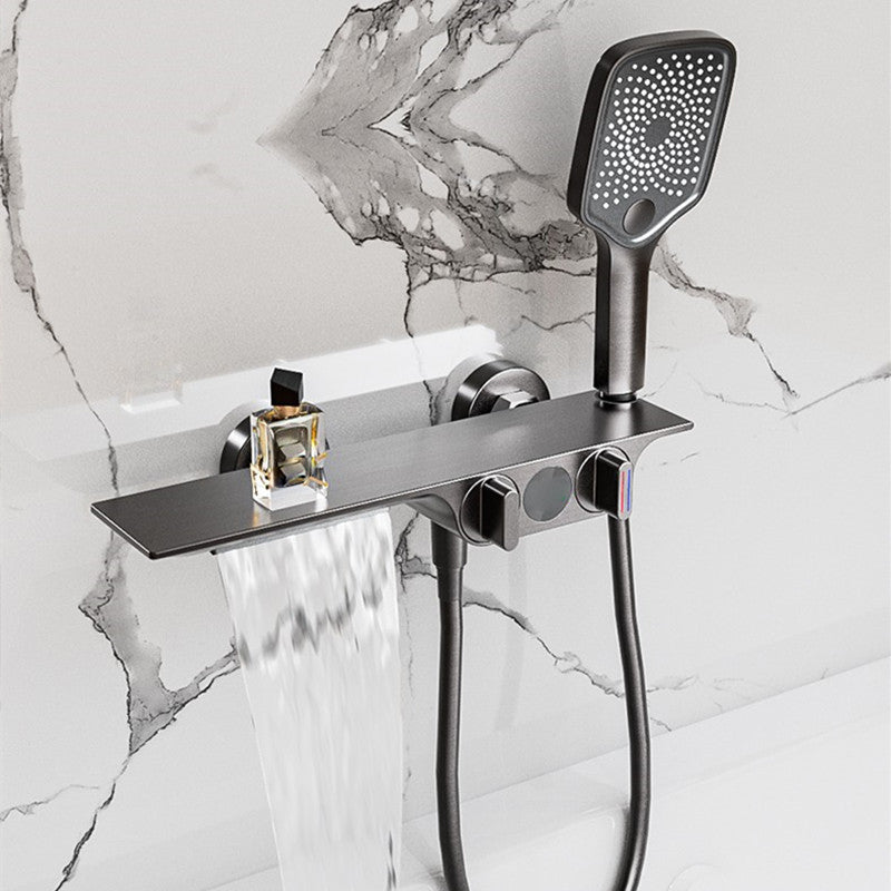 Wall Mounted Metal Bathroom Faucet Low Arc Waterfall Tub Filler Clearhalo 'Bathroom Remodel & Bathroom Fixtures' 'Bathtub Faucets' 'bathtub_faucets' 'Home Improvement' 'home_improvement' 'home_improvement_bathtub_faucets' 6659474