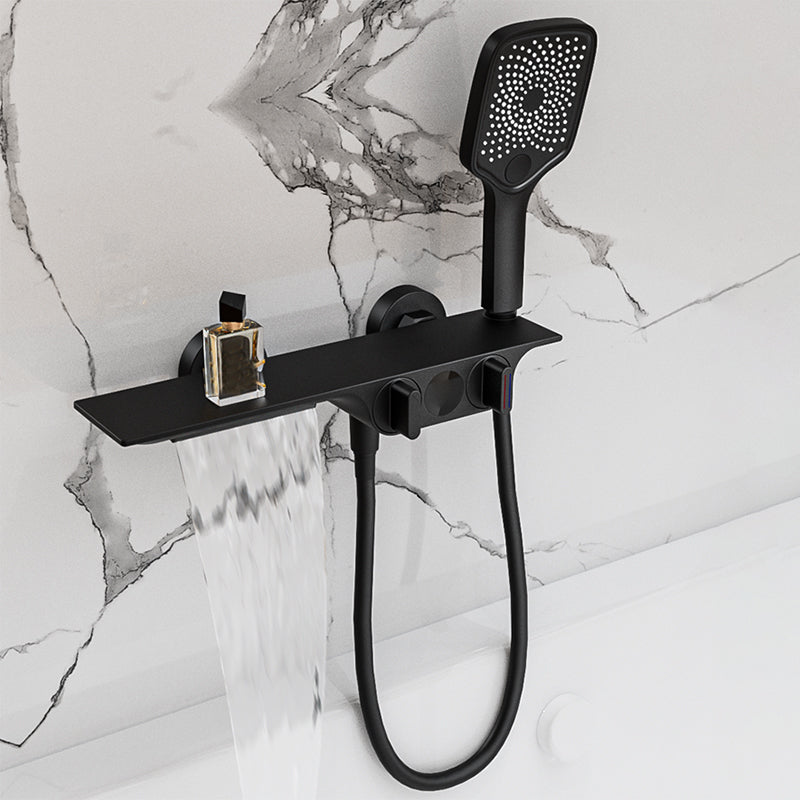 Wall Mounted Metal Bathroom Faucet Low Arc Waterfall Tub Filler Black 2 Hole Faucets Clearhalo 'Bathroom Remodel & Bathroom Fixtures' 'Bathtub Faucets' 'bathtub_faucets' 'Home Improvement' 'home_improvement' 'home_improvement_bathtub_faucets' 6659475