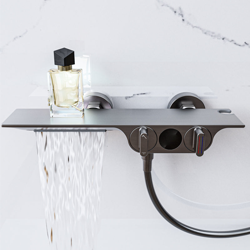 Wall Mounted Metal Bathroom Faucet Low Arc Waterfall Tub Filler Clearhalo 'Bathroom Remodel & Bathroom Fixtures' 'Bathtub Faucets' 'bathtub_faucets' 'Home Improvement' 'home_improvement' 'home_improvement_bathtub_faucets' 6659476